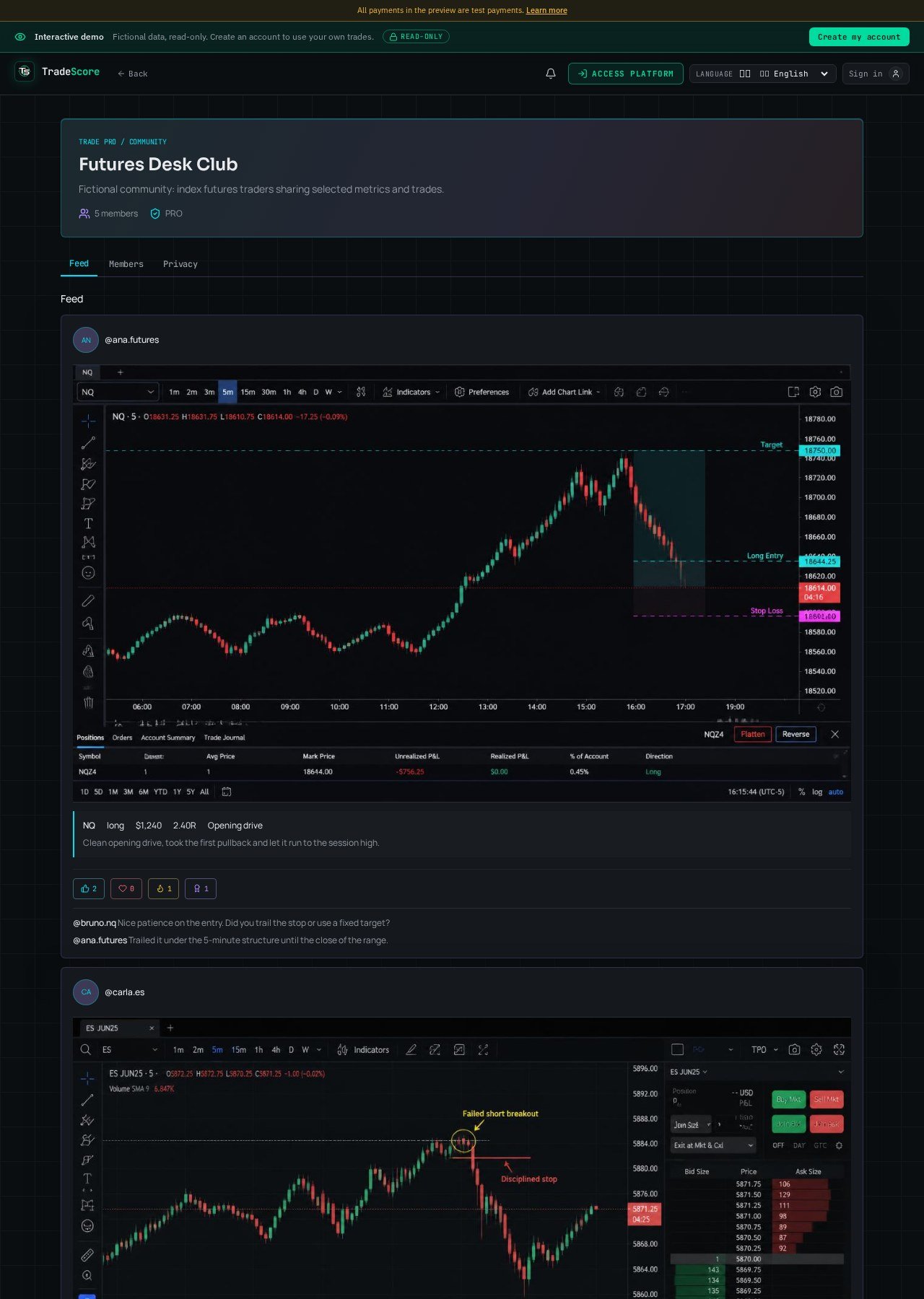 TradeScore community feed with shared trades and member performance